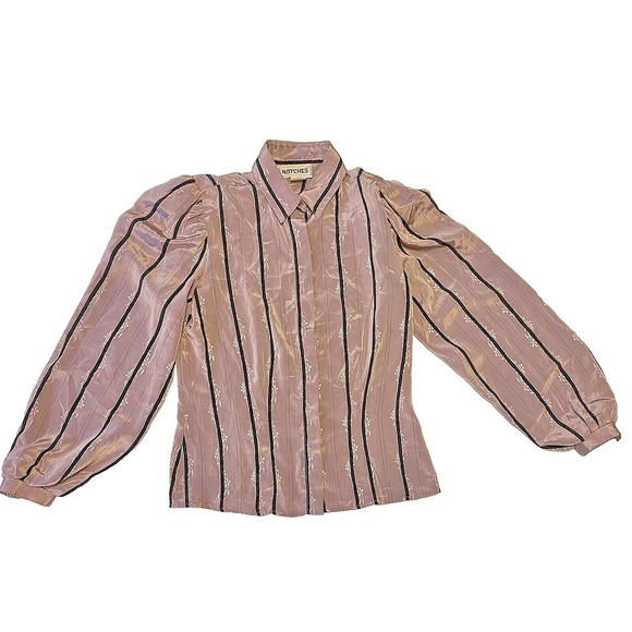 80s Vintage NOTCHES‎ - SM/ SIZE 5 -  Pink Black Striped Silk Blouse Puff Sleeves - Picture 1 of 7